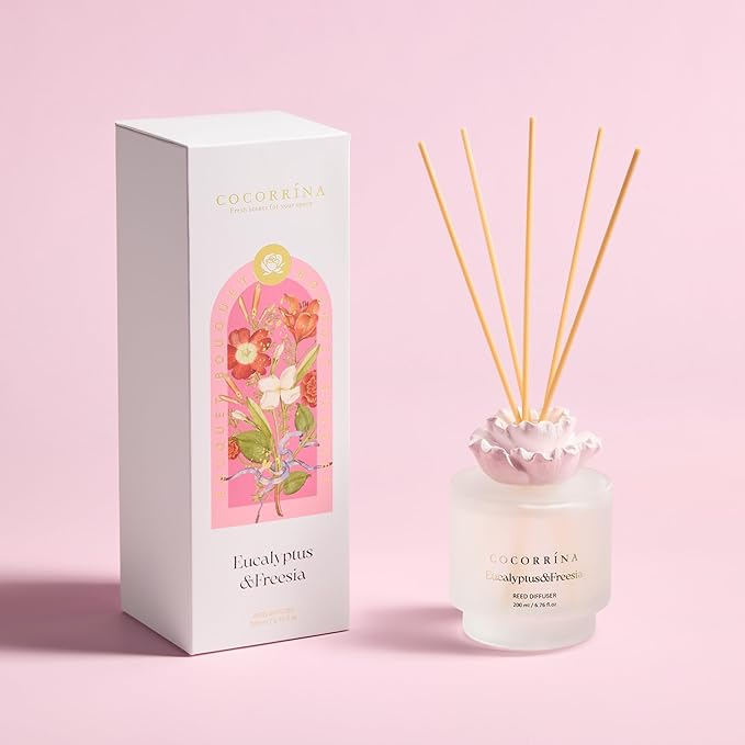COCORRÍNA Gypsum Flower Reed Diffuser Set for Bathroom Décor – Eucalyptus & Freesia Scent, 6.76 oz with Sticks & Oil – Home Fragrance for Bathroom & Living Space