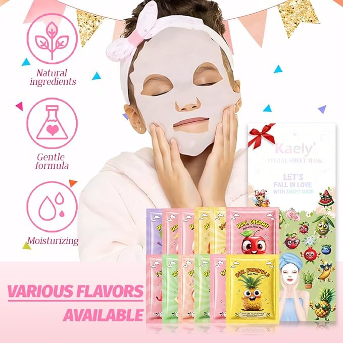 evpct 12 Pack Fruit Kids Face Masks for Kids Girls Spa, Girls Kids Facial Spa Day Slumber Sleepover Birthday Party Favors Supplies Kit for Girl, Kid Friendly Facial Face Masks Bulk Skincare for Kid, 2