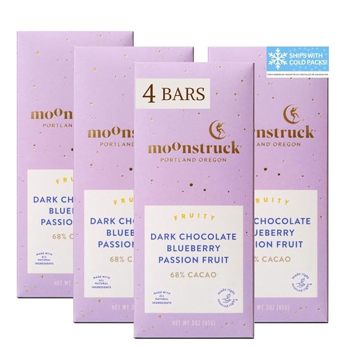 Moonstruck Chocolate Blueberry and Passion Fruit Dark Chocolate Bar, 68% Cacao, 3.0oz (Pack of 4)
