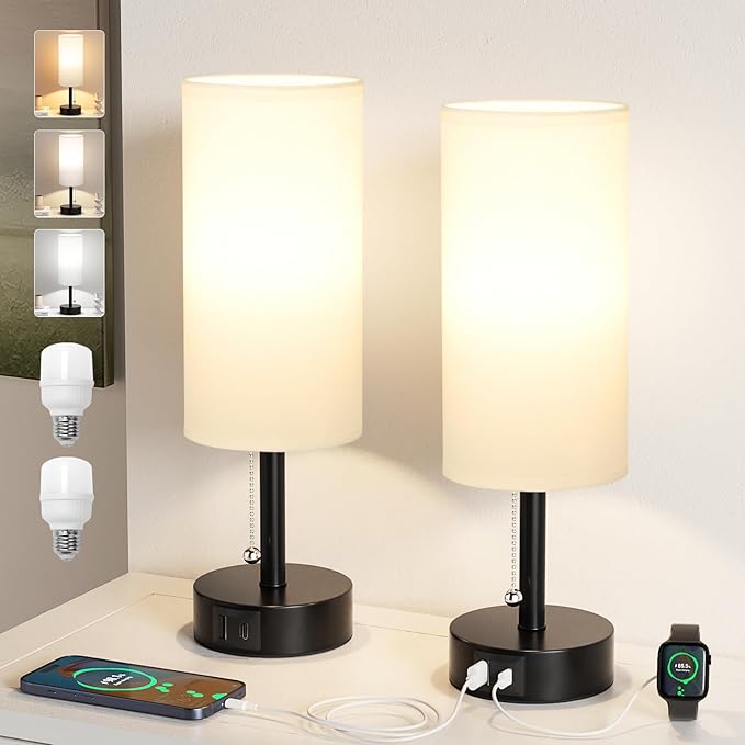 Fenmzee USB Bedside Table Lamps Set of 2-3 Color Temperatures Pull Chain Lamp with USB C and A Charging Ports, Round Night Stand Lamps for Bedroom