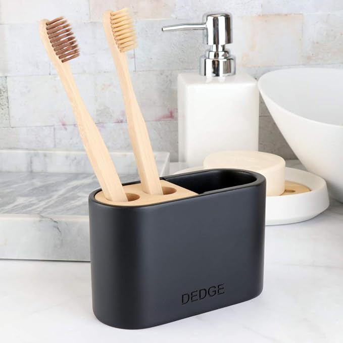 Dedge 3 Slots Bamboo Toothbrush Holder Electric Toothbrush Holder and Toothpaste Holder for Bathroom Countertop Accessories Storage,Toothbrush Holders for Bathrooms, Black Sandstone Style Organizer