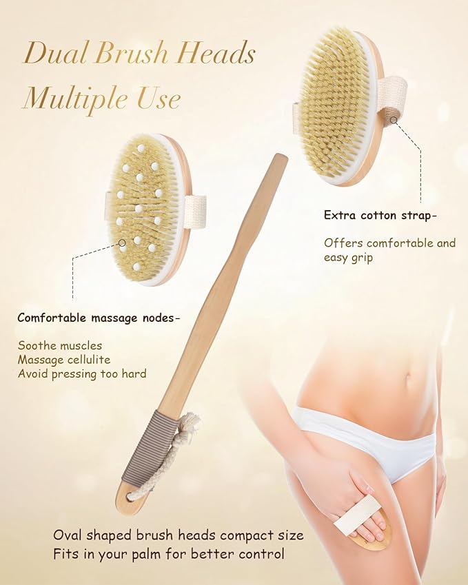 Dry Brushing Body Brush, POPCHOSE Body Scrubber for Men Women, Back Scrubber for Shower, Natural Bristle Exfoliator Scrubber for Body Cellulite and Lymphatic, Long Handle, Detachable, Dual Brush Heads