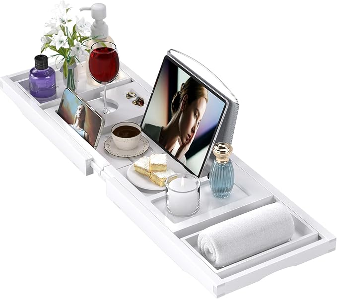 Bathtub Tray Caddy, Expandable Bath Trays for Tub, Bamboo Shelf & Table with Wine Glass Holder,Bathroom Accessories for New Home & Mothers Day & Birthday Gifts for Mom,White