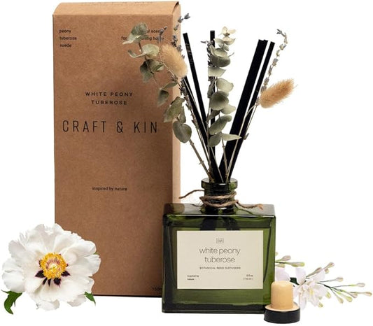 Craft & Kin Reed Diffuser with Dried Flowers | 5 oz White Peony & Tuberose Scented Fall Reed Diffusers for Home, Bathroom | Scent Sticks | Elegant Fragrance Home Decor for Men & Women