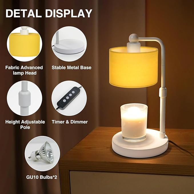Candle Warmer Lamp with Timer, Dimmable Candle Wax Warmer, Height Adjustable Electric Candle Lamp Warmer with 2 Bulbs, Gifts Idea for Women Her, Mom, Vintage Home Decor for Bedroom-Yellow