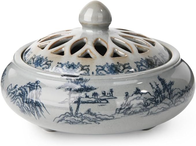 Ceramic Incense Burner with Holder for Stick/Coil Incense,Sage Cones and Mosquito Incense Handmade Smudging Burn Bowl for Cleansing Negative Indoor Energy and Other Incense Rituals, Cyan