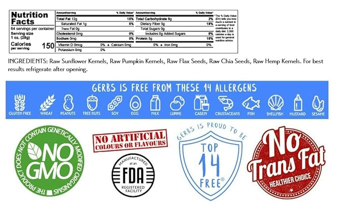 GERBS Super 5 Seed Snack Mix 4 LBS. Premium Grade | Top 14 Food Allergy Free | Resealable Bulk Bag | Made in USA | Raw Pumpkin Sunflower Chia Hemp Flax Seed Trail Mix | Gluten Peanut Tree Nut Free