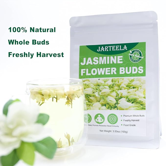 Jarteela - Jasmine Flowers Dried - 3.53oz/100g - Edible Dried Jasmine Flowers - Non-GMO - Caffeine-free - Blends Well With Tea (Pack of 2)