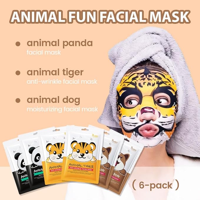 evpct 6 Pack Animal Face Masks Skincare,Spa Kit for Girls Kid Animal Facial Face Masks Skincare for Teens Kids Girls Spa Day Slumber Sleepover Birthday Party Favors Supplies Kit, Sheet Mask Beauty