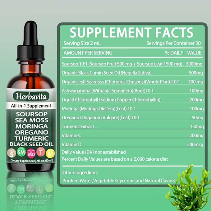 Herbavita Soursop Liquid Drops 10 in 1 with Sea Moss, Moringa, Turmeric, Black Seed Oil – Vegan, Non-GMO Immune & Energy Support – 2 fl oz