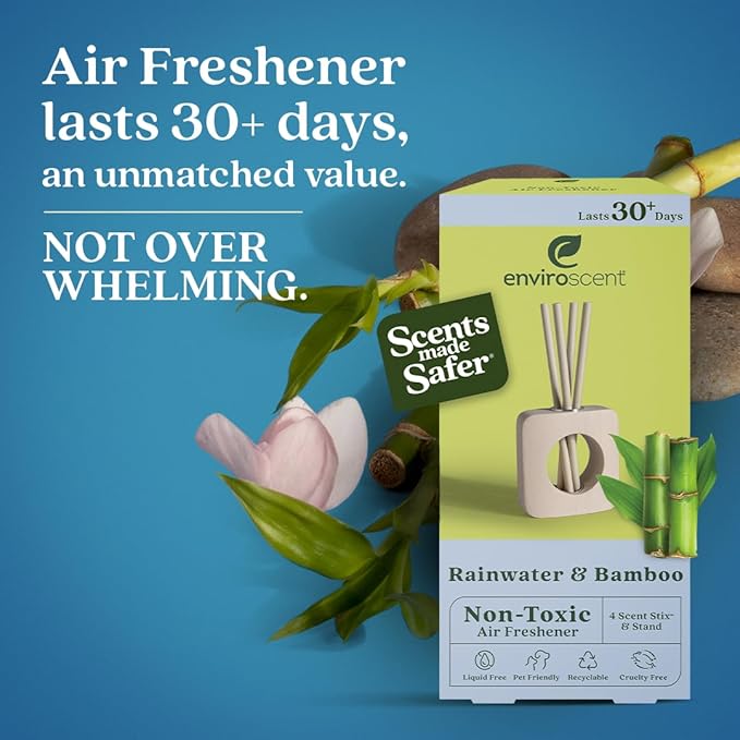 Enviroscent Non-Toxic Air Freshener for Home Essential Oil Diffuser | Fragrance Lasts Over 30 Days | Kit includes 1 Mango Wood Stand & 1 Scent Stix Refill (Rainwater & Bamboo)