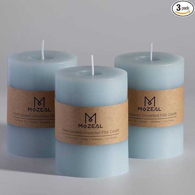 MOZEAL 3" x 4" Hand-Poured Unscented Baby Blue Candle, Dripless Sky Blue/Light Blue Pillar Candle Set of 3, Long Clean Burning, Approx 72 Hours Burn Time, Rustic Country Style, Home Decor
