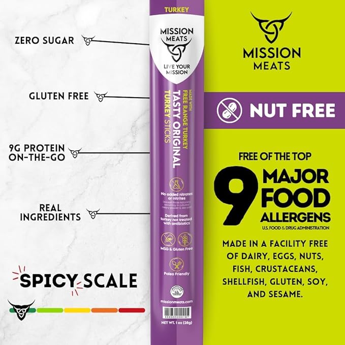 Mission Meats Turkey Sticks – 100% Free Range, Zero Sugar, Healthy Snacks, 9g Protein, Individually Wrapped Jerky Meat Sticks, Paleo & Whole 30 Friendly, 1oz (24ct)