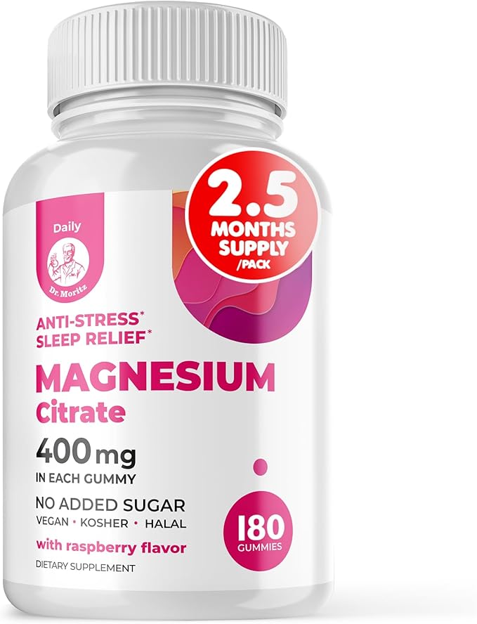 Dr. Moritz Magnesium Gummies for Adults - Low-Sugar 400 mg - Supports restful Sleep- Easy to Chew Adult and Kids Magnesium Citrate Gummies (180 Count) - Raspberry Flavored