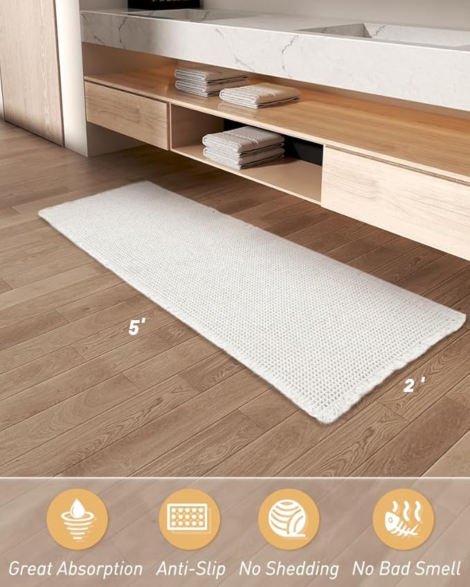 AMOAMI Waffle Runner Rug Super Absorbent Non Slip Bath Mats for Bathroom Floor, Machine Washable Boho Bathroom Runner Rug with Tassels, Ideal for Hallway Bedroom Laundry Room, 2' x 5'