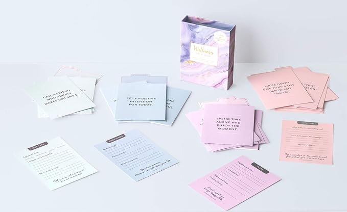 Eccolo Wellness in a Box, 60 Encouragement Cards, Health and Wellness Cards with 4 Tabbed Dividers for Self-Care, Mindfulness, Sleep & Intuition, Card Box with Guided Cards (4.6-x-7-x-1.1 Inches)