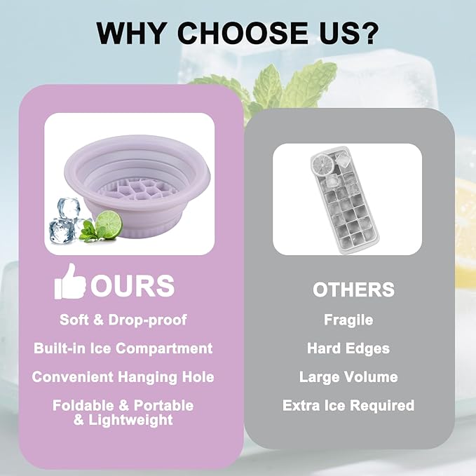 Face Bowl for Ice with Built-in Ice Tray – Collapsible Silicone Facial Ice Bath Bowl for Cold Plunge Therapy, Acne Relief & Skin Tightening – Purple Home, Camping & Travel Portable Spa Tool