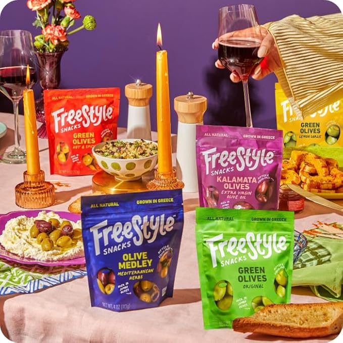 Freestyle Snacks Olive Snack Packs - Fresh Pitted Green & Kalamata Olives, 5 Flavors, Jumbo-Sized, Grown in Greece, All Natural, Non-GMO, Paleo, Sugar-Free, Keto Snacks - Variety Pack, 4oz (5 Pack)