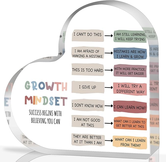 Growth Mindset Decor, Mental Health Therapy Office Classroom Art Educational Acrylic Heart Inspirational Gift Change Your Mindset Decorations Positive Sayings Gifts for Teacher Students School