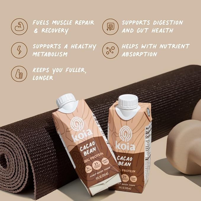 Koia Plant Based Protein Shake, Cacao Bean, 20g Protein, 3g Sugar, 6g Prebiotic Fiber, 21 Vitamins & Minerals, Meal Replacement Drinks, Dairy-Free, Gluten-Free, Non-GMO, 11 Fl Oz (Pack of 12)