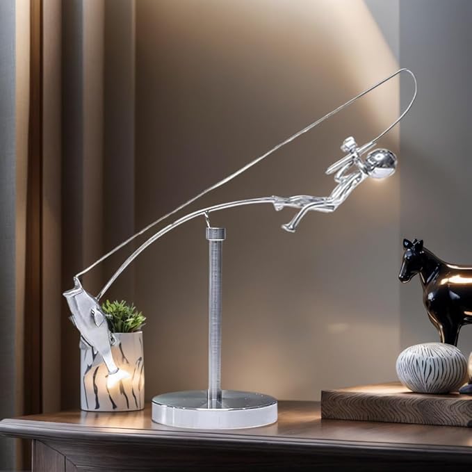 Kinetic Fishing Sculpture - Balance Art for Your Space, Fisherman Kinetic Balancing Desk Toy Fishing Physics Sculpture for Home Office Art Deco, Stainless Steel Balance Physics Toy 1PCS