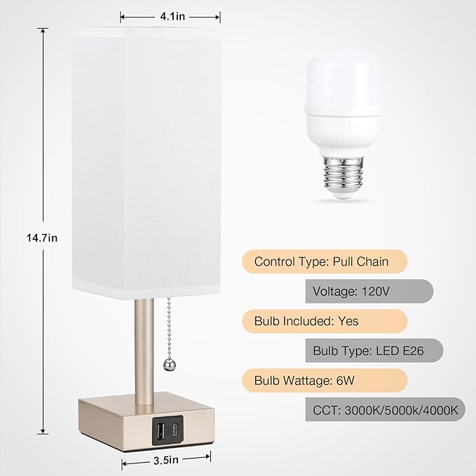 aooshine White Small Table Lamp for Bedroom - 3 Color Temperature 3000K 5000K 4000K Bedside Lamp, Pull Chain Control, USB A and C Ports, Light Gold Base, Bulb Included