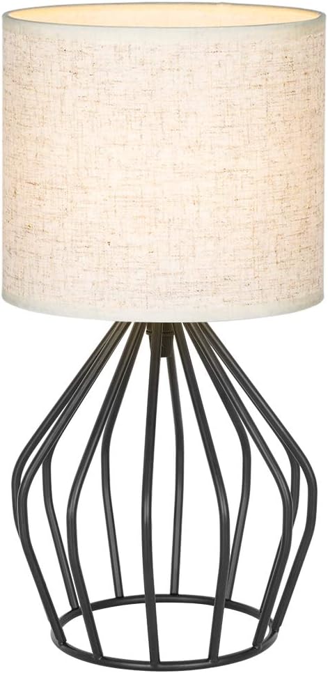 HAITRAL Black Modern Table Lamp - Minimalist Small Bedside Lamp with Hollowed Out Base Linen Fabric Shade, Vintage Nightstand Lamp for Bedroom Living Room Side Table Desk Kids Room