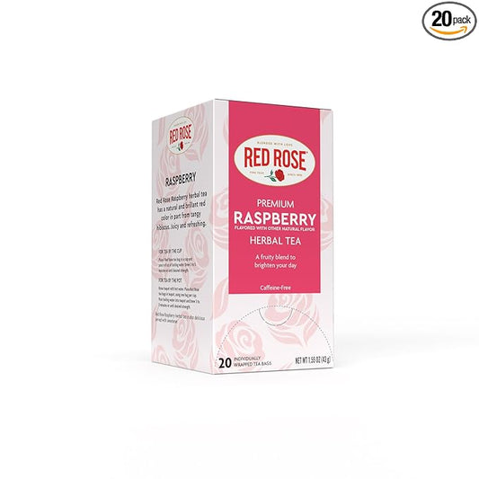 Red Rose Raspberry Herbal Tea Refreshing & Fruity Brewed Naturally Flavored Tea with 20 Individually Wrapped Tea Bags Per Box Caffeine Free Brew Hot