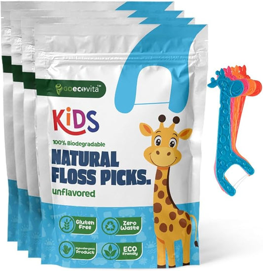 Unflavored Biodegradable Kids Flossers - Dental Floss Picks for Children | Fluoride & Plastic-Free | Colorful & Fun Animal Floss Sticks | Eco Friendly, Vegan, Natural (200 Pack)