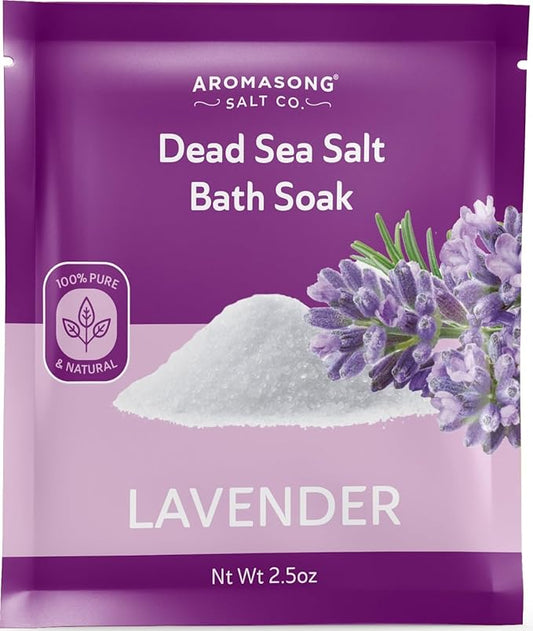 Aromasong Pure Dead Sea Salt 100% Natural Lavender Essential Oil – 2.5 oz. Spa Bath Salt Fine Grain- Christmas Stocking Stuffers for Adults, Kids, Women, and Mens soak Stocking Stuffers for Adults