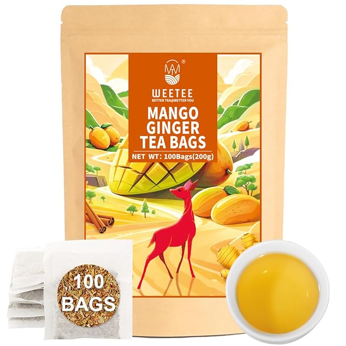 WT WEETEE Mango Ginger Tea Bags, 2g x 100 Counts, Flavored Ginger Herbal Tea Includes Cardamom, Fennel, Cinnamon, Rooibos, Licorice & More, Natural Caffeine-free