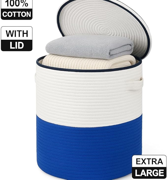 Cotton rope Storage Basket with Lid-Durable Woven Organizer with handles, Woven baskets, Multi-Purpose Storage Basket for Living Room,Closet or office(14x13 inches) (Blue+White)