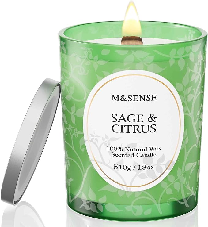 M&SENSE Sage Citrus Scented Candle, Wooden Wick Candle, 100 Hours Slow Burning Natural No Toxin Soy Wax 18oz, Stress Relief Relaxing Meditation Home Fragrance,Housewarming Gifts for Men Women