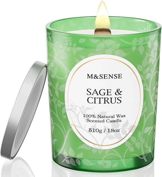 M&SENSE Sage Citrus Scented Candle, Wooden Wick Candle, 100 Hours Slow Burning Natural No Toxin Soy Wax 18oz, Stress Relief Relaxing Meditation Home Fragrance,Housewarming Gifts for Men Women