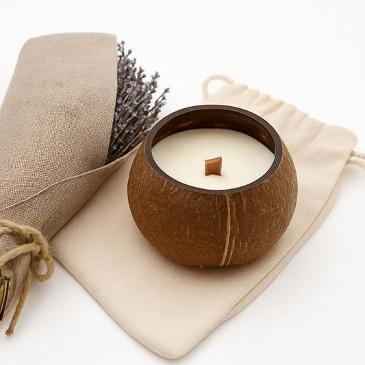 Eco-Friendly Lavender Coconut Shell Candle – 100% Natural Coconut & Soy Wax, Wooden Wick, Hand-Poured, 6oz, Sustainable Handmade Gift
