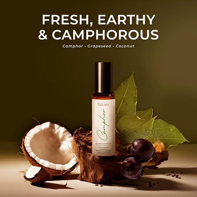 Gya Labs Camphor Essential Oil Roll On - 0.34 Fl Oz - Travel Size Roller for Camping, Skin, Aromatherapy Relief, Convenience