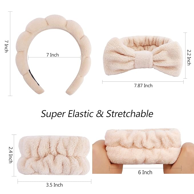 VELSCRUN 6 Pack Spa Headband, Makeup Headband, Face Wash Headbands, Skincare Headbands, Brown Sponge Hair Band Bow Tie Spa Head Band for Washing Face Wristband Set Hair Accessories for Women
