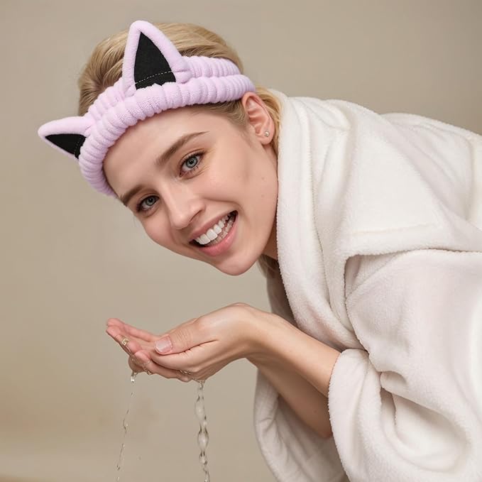 2 Pcs Cat Ears Headband, Cute Spa Headbands for Washing Face Skincare Makeup Headbands for Women Girls Trendy Stuff Present Soft Coral Fleece Hair Accessories(Pink Purple)