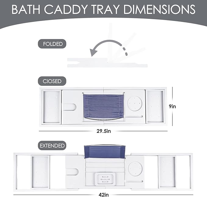 Foldable Bathtub Caddy Tray, Bamboo Bath Tub Tray Table for Tub with Wine Glass Holder Book Phone Tablet Holder with Extending Sides, Adjustable Bathroom Bathtub Free Soap Holder Gift Idea (White)