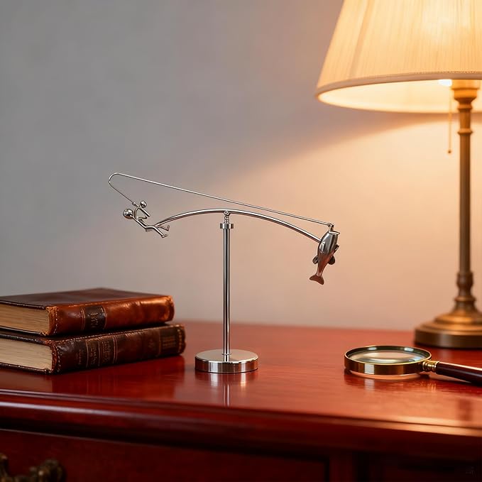 Fisherman Balancing Sculpture - Kinetic Fishing Sculpture with Perpetual Motion, Unique Kinetic Art & Balance Art, Cool Desk Gadgets for Home Decor and Office Decor