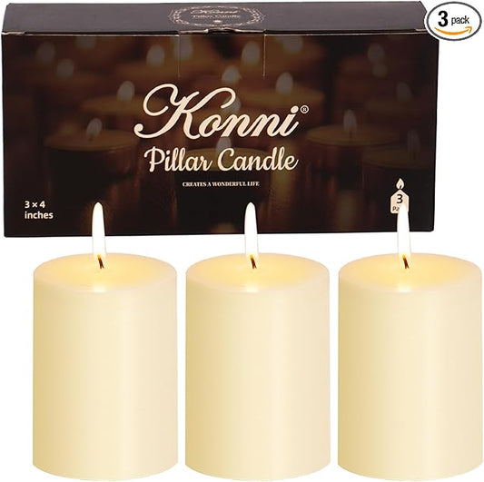 KONNI Ivory Pillar Candles Set of 3, 3"x 4" Unscented Pillar Candles Bulk, 39 Hours Long Burning Candles, Smokeless&Dripless Large Round Candle for Wedding, Home Decoration, Parties, Spas, Dinner