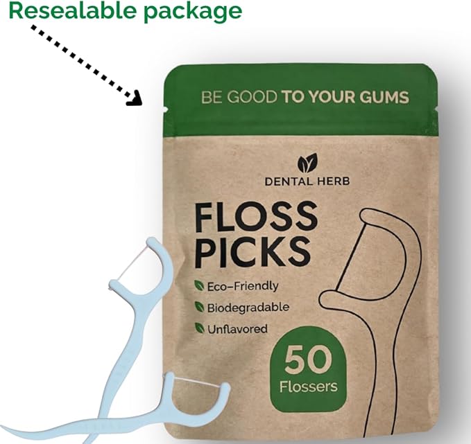 Dental Herb Company Biodegradable Dental Floss Picks, 200 Count (4×50) - Unflavoured, Plant-Based, Plastic-Free & BPA-Free Tooth Flossers, Vegan & Eco-Friendly Oral Care