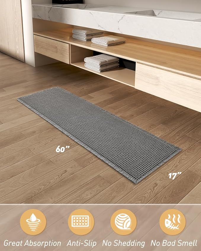 AMOAMI Upgraded Waffle Runner Rug Super Absorbent Non Slip Bath Mats for Bathroom Floor Machine Washable Bathroom Runner Rug with Tassels, Ideal for Hallway Bedroom Laundry Room, Dark Grey, 17" x 60"