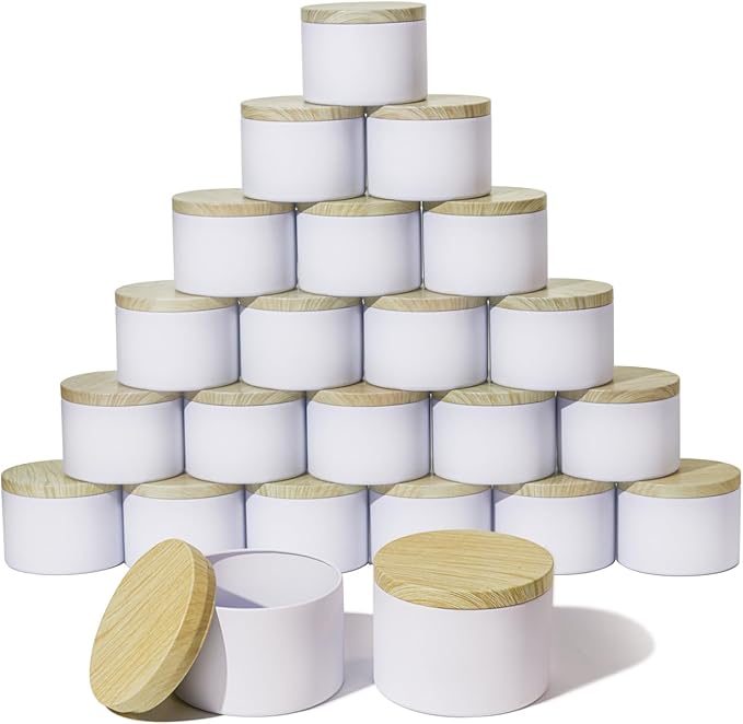 Aroparc Candle Tins 8oz with Lids, 24 Pack Seamless Candle Containers for Candle Making Supplies Empty Candle Jars - Wood Grain Lids White Tins