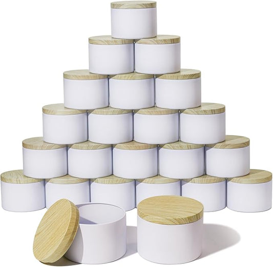 Aroparc Candle Tins 8oz with Lids, 24 Pack Seamless Candle Containers for Candle Making Supplies Empty Candle Jars - Wood Grain Lids White Tins