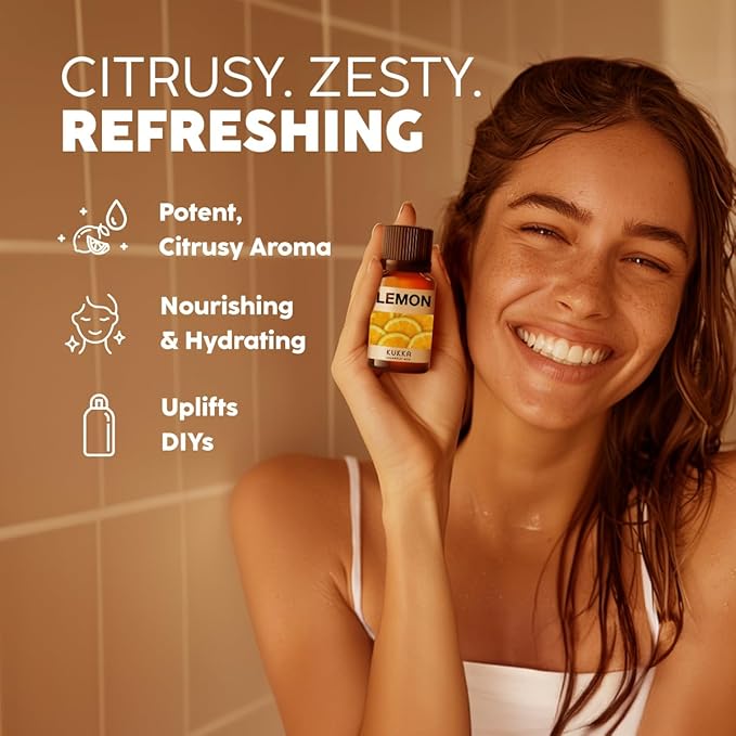KUKKA Lemon Essential Oils - 0.34 Fl Oz - for Hair, Skin, Diffuser, Aromatherapy & DIY Soap Making Scent