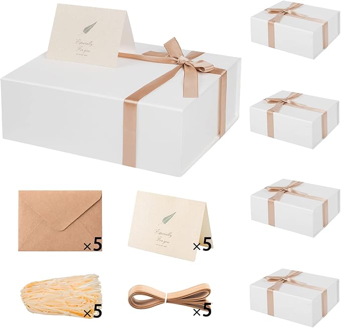 LIFELUM Christmas Gift Boxes with Lids for Presents 5 Pack White Gift Boxes 13.85 x 8.35 x 4.45 inch Large Gift Box Contains Card,Sticker,Ribbon, Shredded Paper Filler for Anniversary, Weeding Gifts