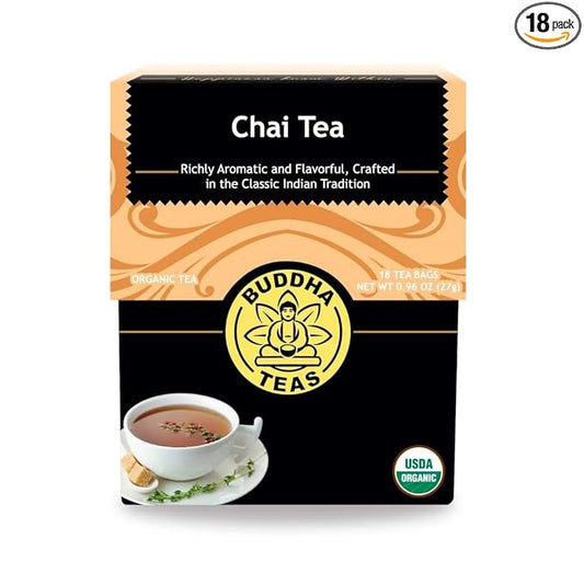 Buddha Teas - Organic Chai Tea - Delicately Spiced & Warming - For Health & Wellbeing - With Antioxidants & Minerals - Clean Ingredients - With Caffeine - OU Kosher & Non-GMO - 18 Tea Bags (Pack of 1)