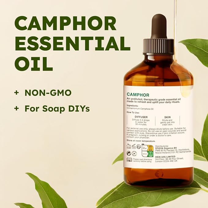 KUKKA Camphor Essential Oils - 4 Fl Oz - for Hair, Skin, Diffuser, Aromatherapy & DIY Soap Making Scent