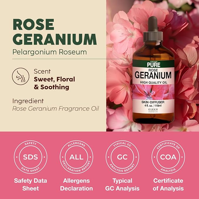 KUKKA Rose Geranium Essential Oils - 4 Fl Oz - for Hair, Skin, Diffuser, Aromatherapy & DIY Soap Making Scent